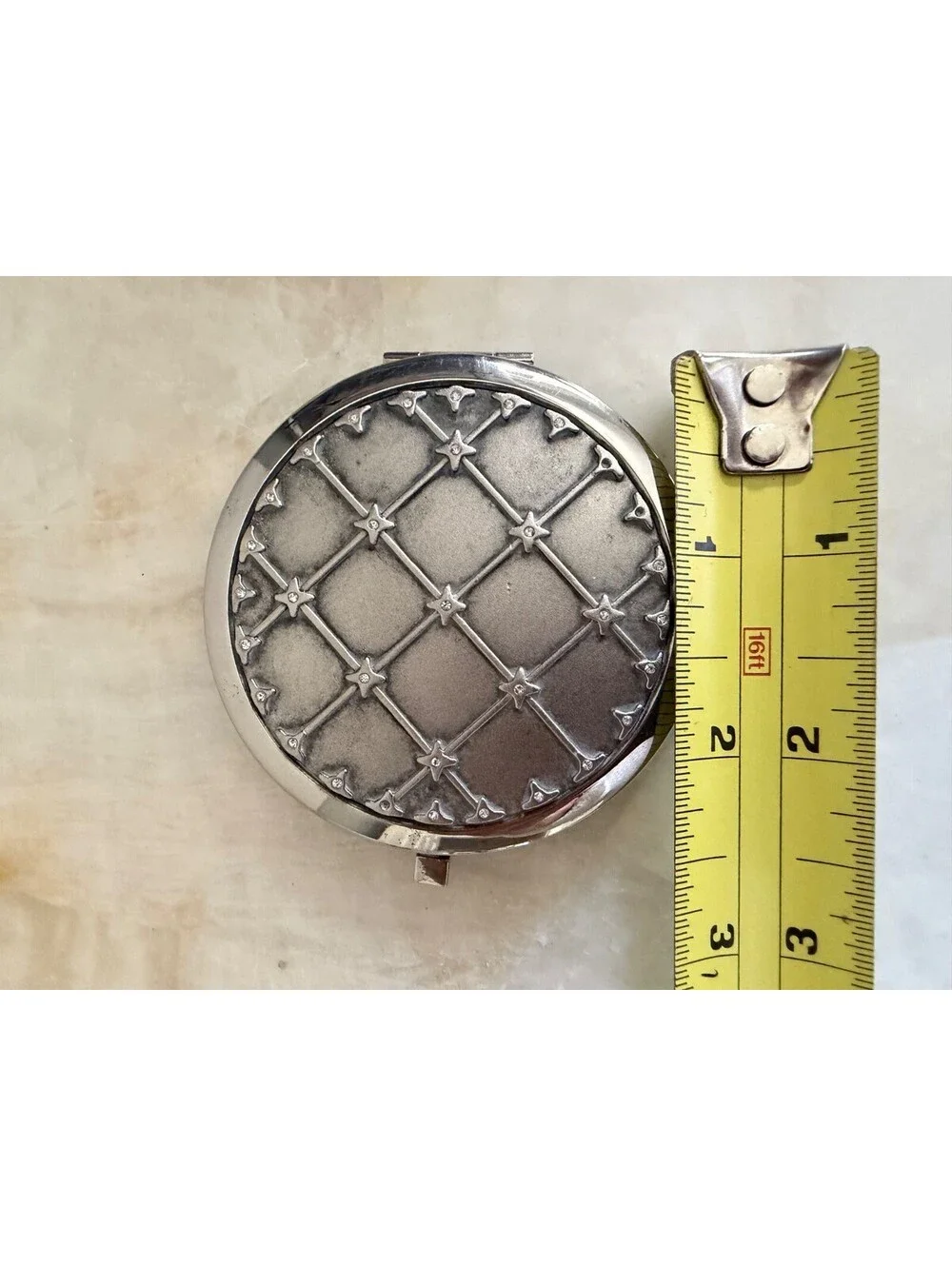 Vintage Style Silver Tone Lattice Compact Mirror with Rhinestone Accents